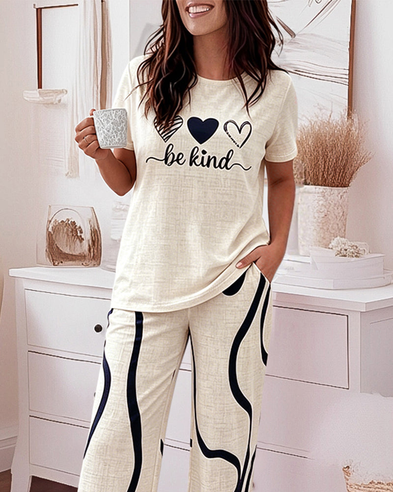 Women's 2 Piece Pajama Set Heart & Letter Top and High Waisted Abstract Print Pants Casual Loungewear with Pockets - Image 5