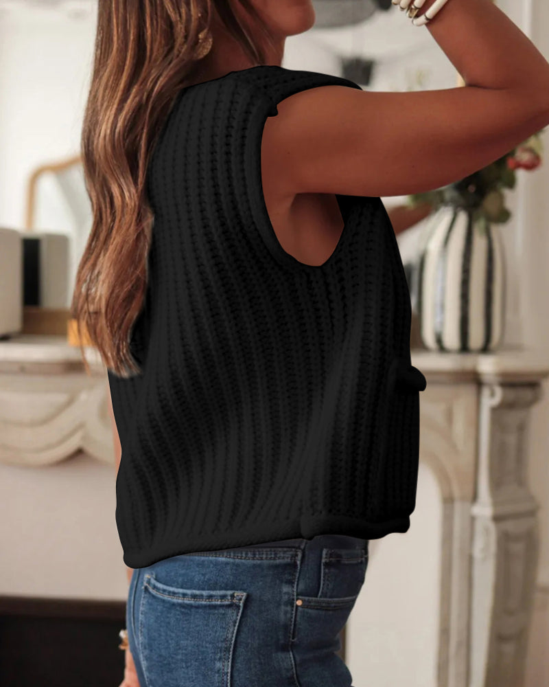 V-Neck Sleeveless Button Front Knit Vest Casual Loose Fit Sweater Top with Pockets - Image 15