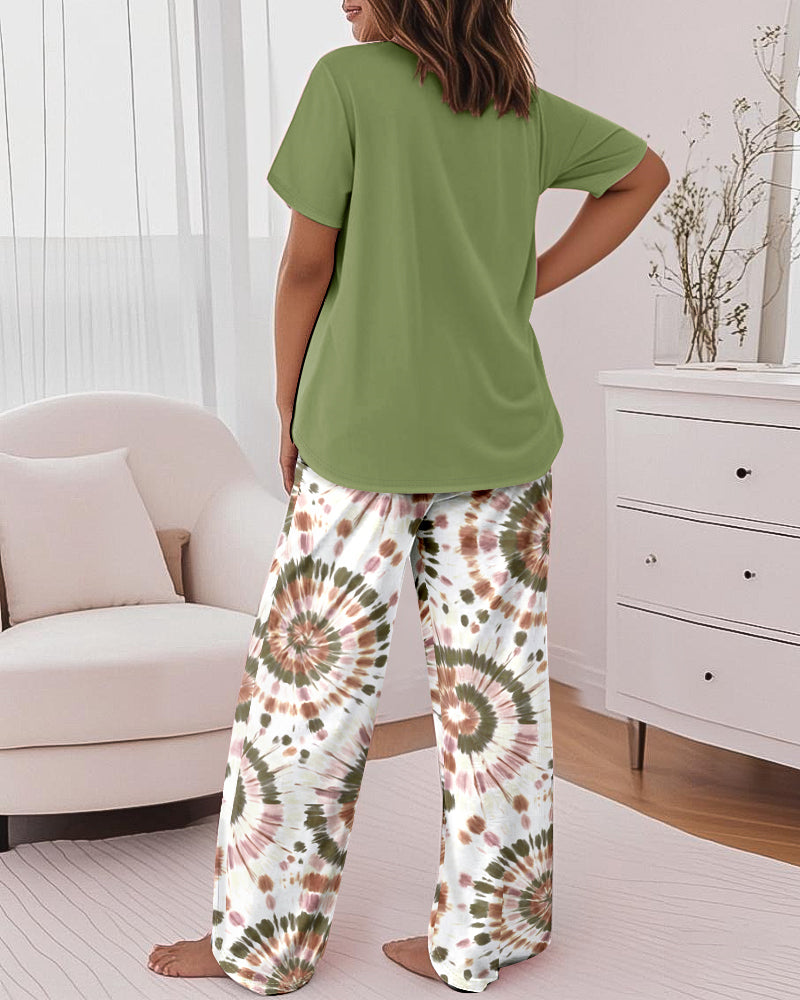 2 Pieces Outfit Faith Letter Print Short Sleeve Top and Tie Dye Print Elastic Waist Pants Set Casual Pajamas Set - Image 2