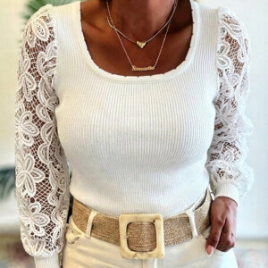 Women's Ribbed Knit Top Square Neck Lace Long Sleeve Shirt Slim Fit Elegant Pullover Top