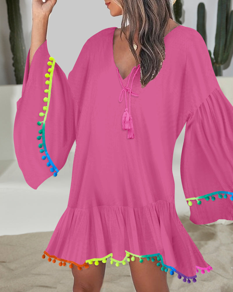 Colorblock V-Neck Bell Sleeve A Line Tassel Mini Dress Vacation Dress - Image 16