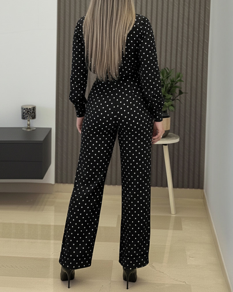 2 Pieces Outfit Stand Collar Button Front Ruffles Spliced Top and High Waist Straight Leg Pants Set Casual Polka Dot Print Commuting Set - Image 2