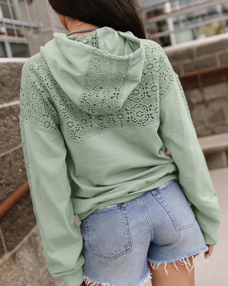 Women's Lace Splice Hoodie Drawstring Pullover Sweatshirt with Kangaroo Pocket - Image 2
