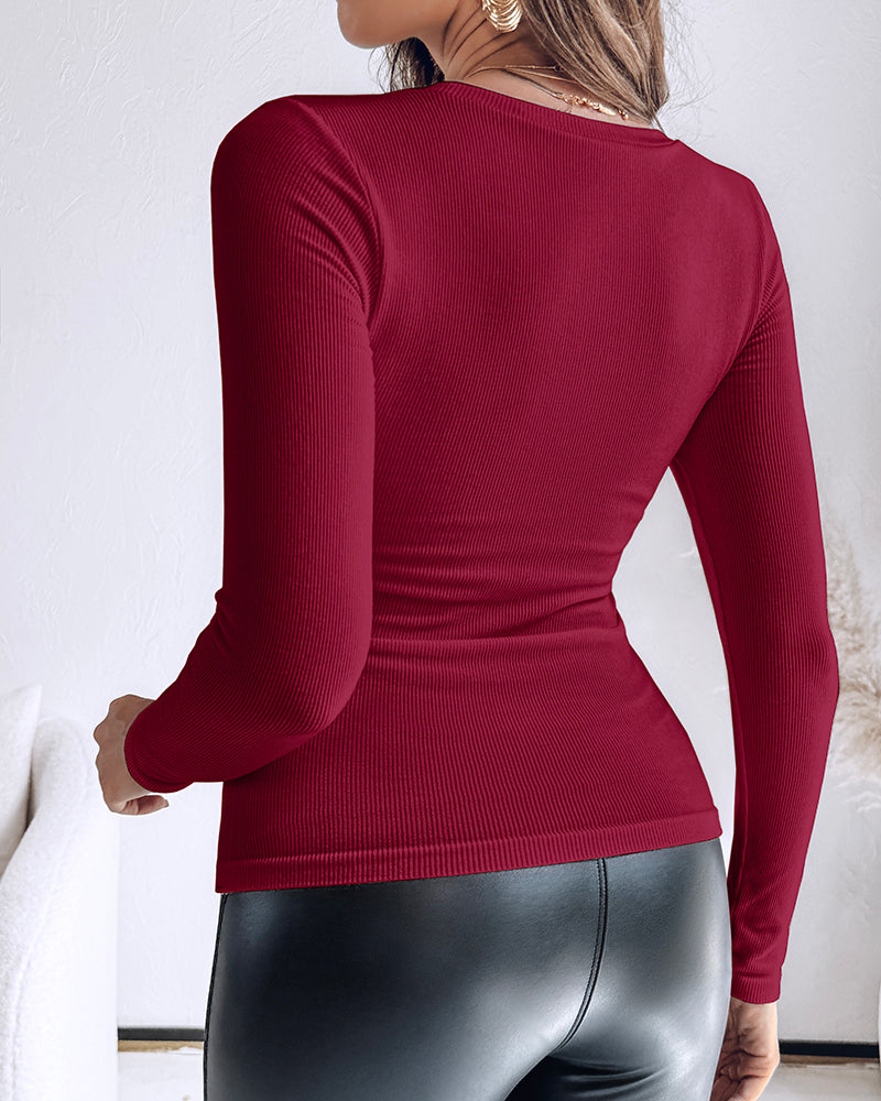 Built In Bra U Neck Tee High Stretchy Knit T-Shirt Long Sleeve Top - Image 25