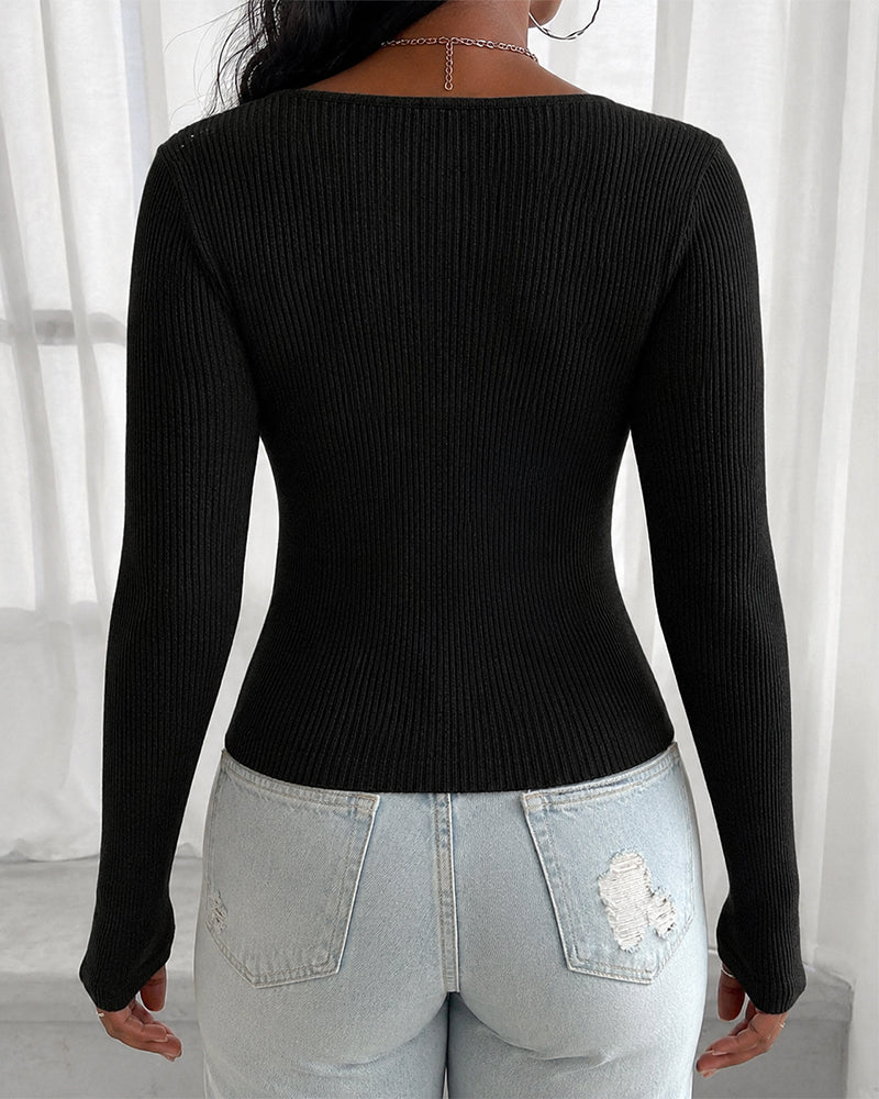 Women's Overlap V Neck Long Sleeve Ribbed Knit Top Rhinestone Side Button Ruched Slim Fit Asymmetric Hem Sweater - Image 25