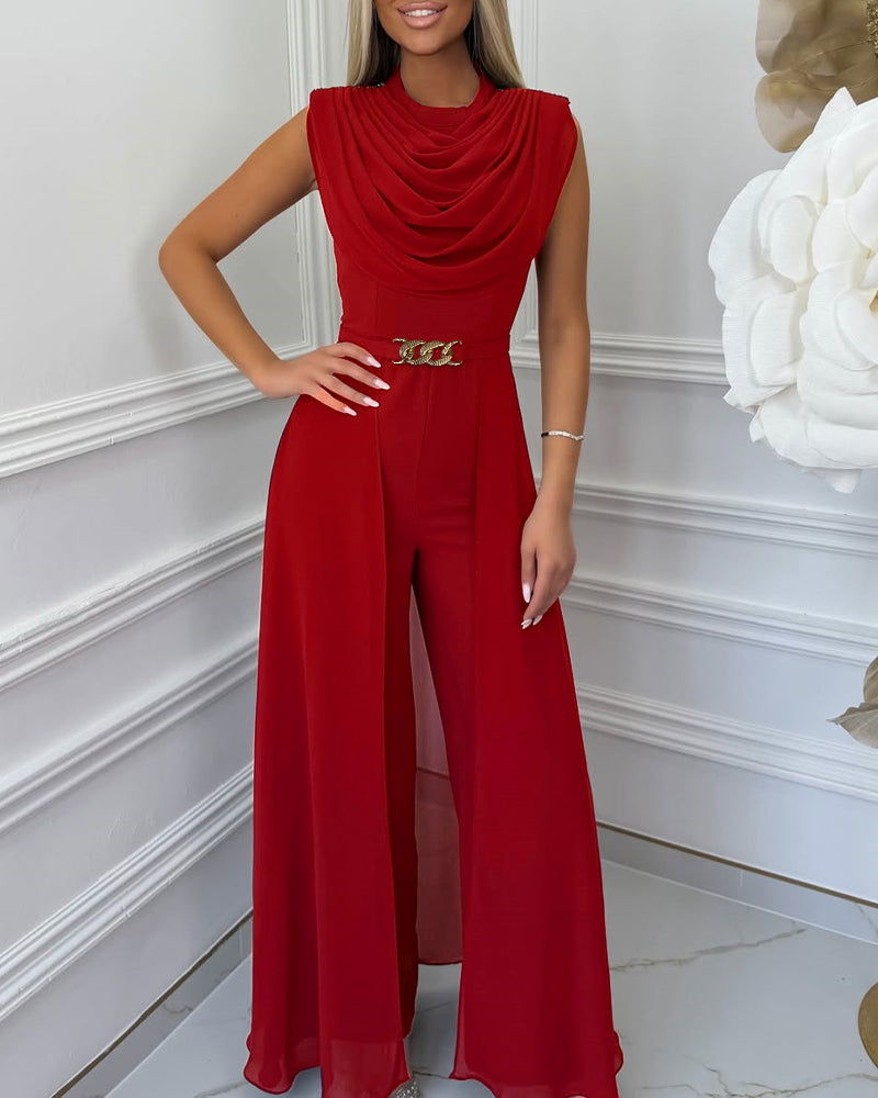 Women's Cowl Neck Wide Leg Jumpsuit High Waist Sleeveless Chiffon Overlay Spliced Evening Overalls with Belt - Image 8