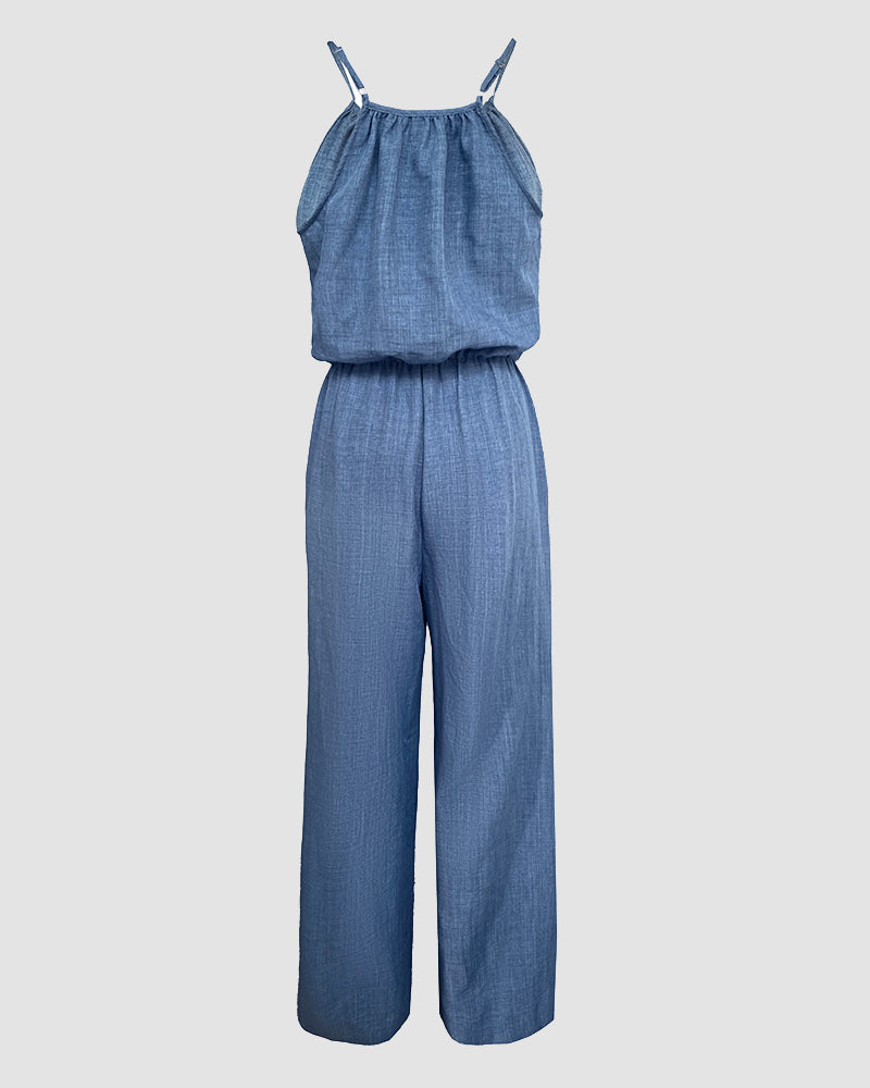 Womens Spaghetti Strap Drawstring Tied Waist Jumpsuit Casual Overalls - Image 5