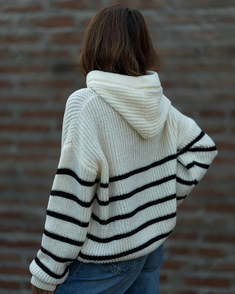 Women's Striped Henley Drawstring Hooded Sweater Loose Fit Lantern Sleeve Knit Pullover - Image 2