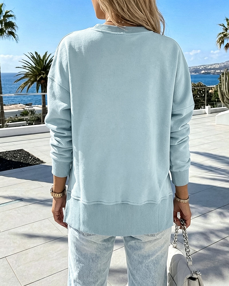 Women's Loose Crewneck Sweatshirt Embossed Letter Print Pullover Top Casual Side Slit Top - Image 10