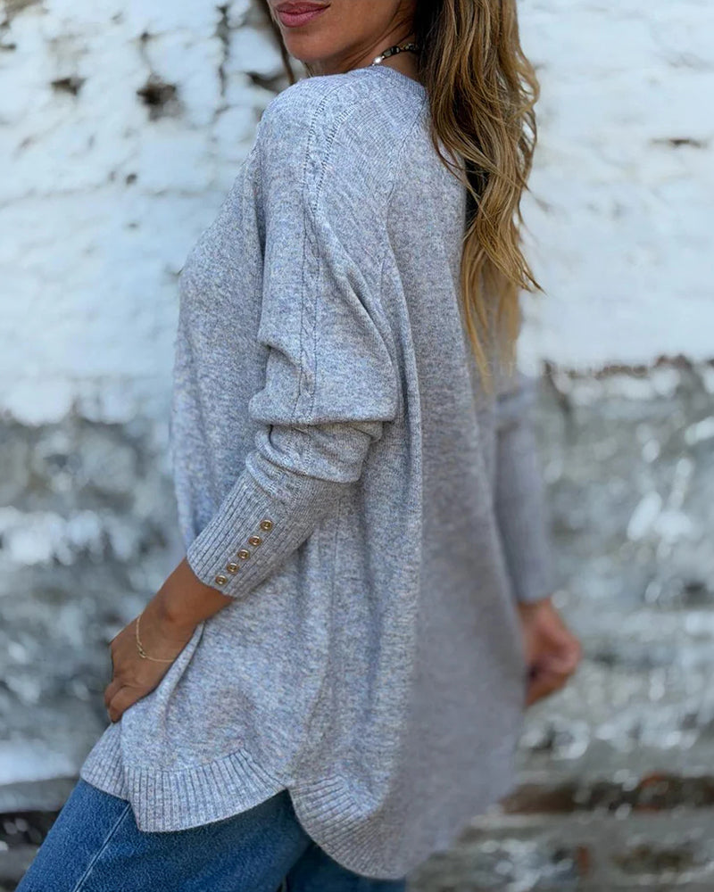 Women's Oversized Sweater Button Decor Crewneck Curved Hem Dropped Shoulder Loose Soft Pullover - Image 4