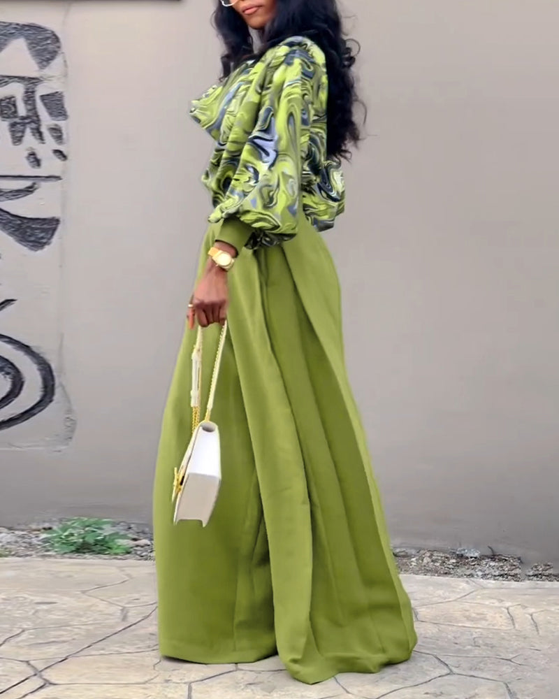 2 Pieces Outfit Abstract Print Cowl Neck Lantern Sleeve Stretchy Hem Crop Top and Casual Zipper Side Ruched Wide Leg Pants Set - Image 7