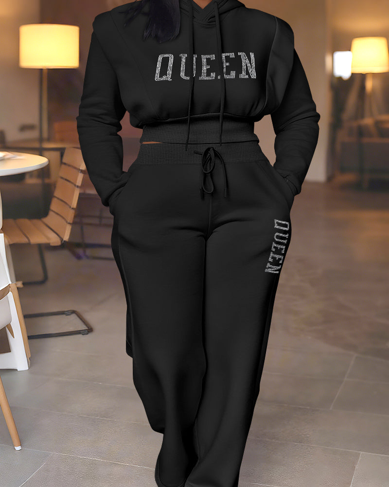 2 Pieces Outfit 3D Design Crop Drawstring Hoodie Top and Drawstring Elastic Waist Wide Leg Sweatpants Set Casual Rhinestone Letter Pattern Sweatshirt Set - Image 3
