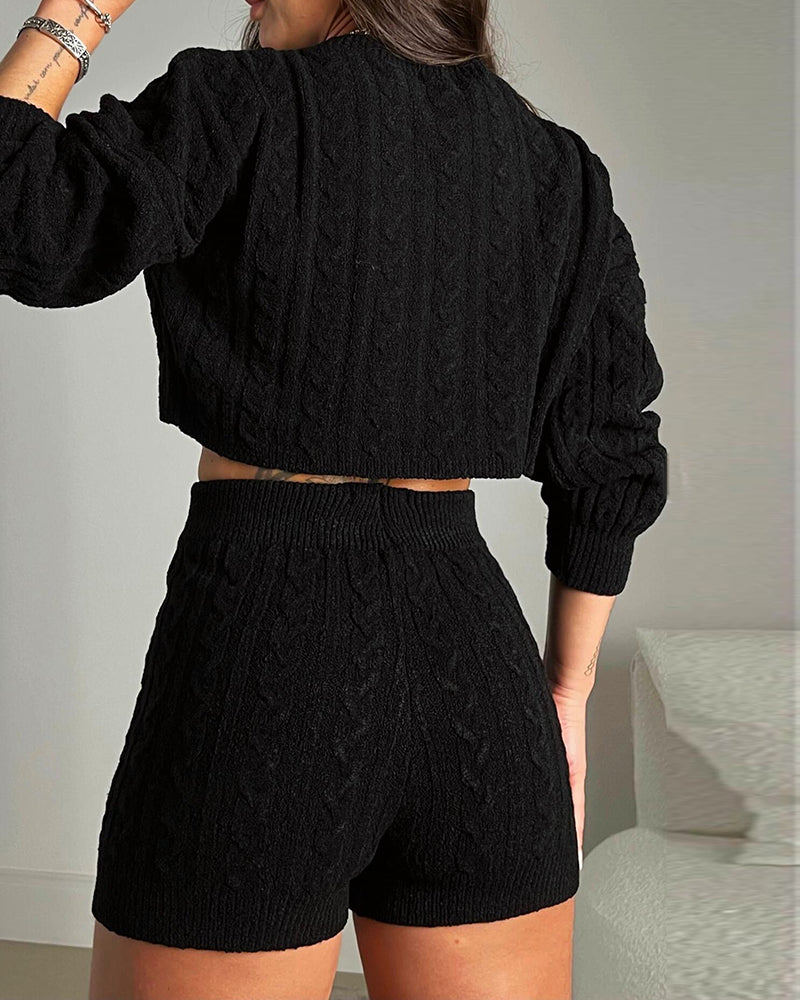2 Piece Crewneck Long Sleeve Cable Knit Crop Sweater High Waist Shorts Tracksuits Outfits - Image 20