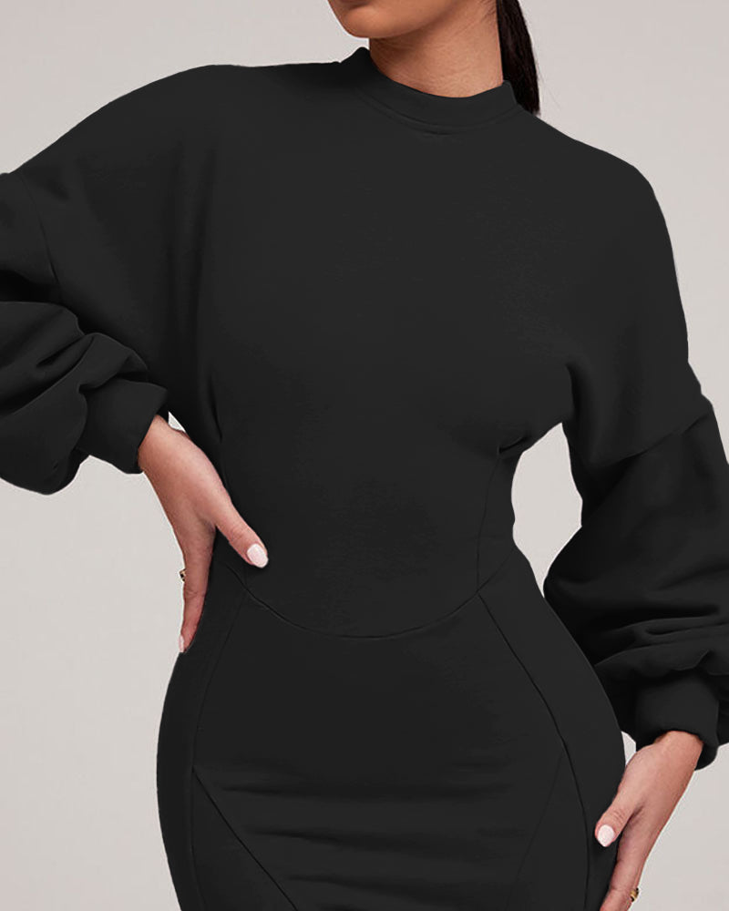 Lantern Sleeve Bodycon Pullover Sweatshirt Dress Crew Neck Mini Dress - Image 16