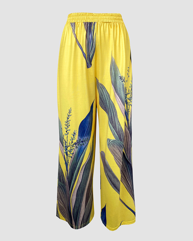 2 Pieces Outfit Plants Print Cold Shoulder Batwing Sleeve Top and Casual Wide Leg Pants Set - Image 6