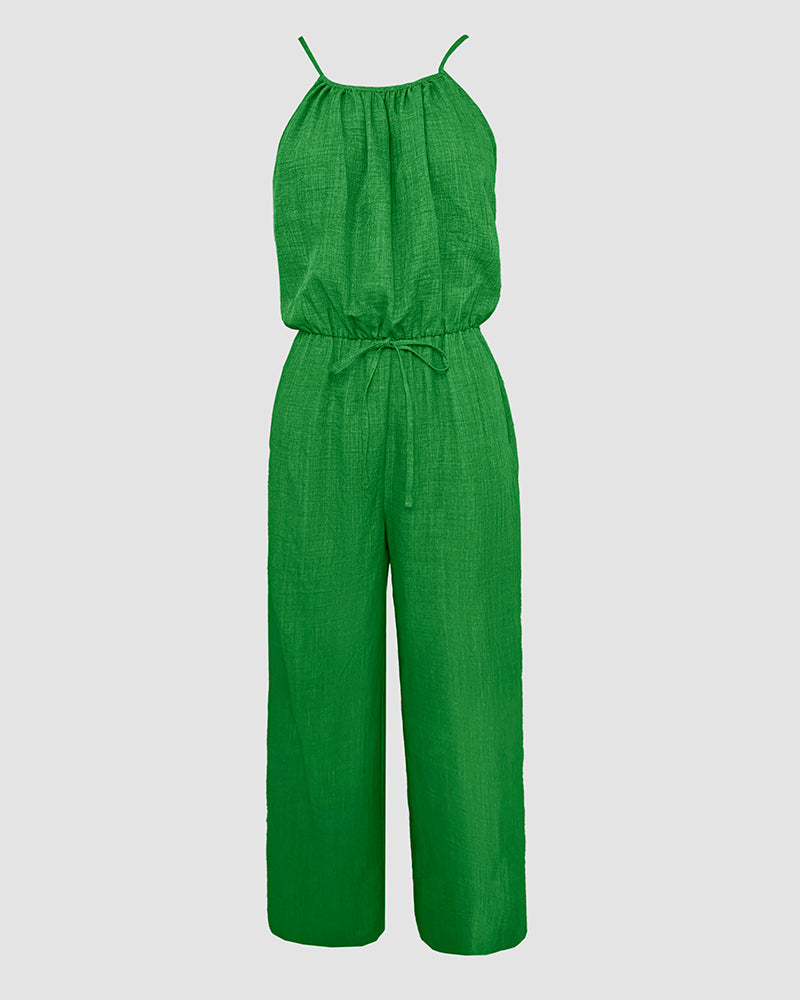 Womens Spaghetti Strap Drawstring Tied Waist Jumpsuit Casual Overalls - Image 16