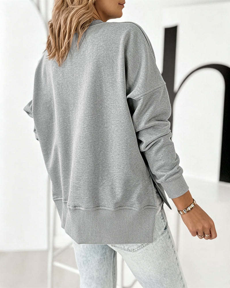 Women's Loose Crewneck Sweatshirt Embossed Letter Print Pullover Top Casual Side Slit Top - Image 25