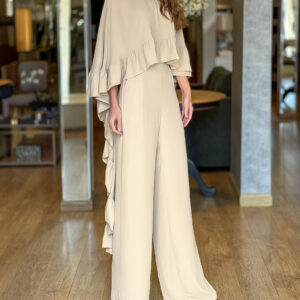 2 Pieces Outfit High Neck Hollow-out Back Ruffles High-Low Hem Cape and Casual Elastic Back Waist Wide Leg Pants Set