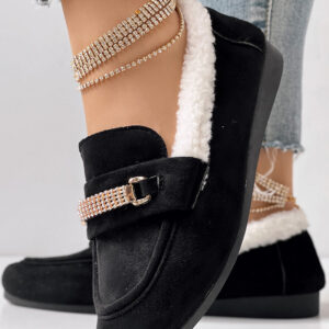 Rhinestone Chain Decor Thermal Lined Faux Shearling Trim Casual Flat Slip-On Loafers without Anklet Bracelet