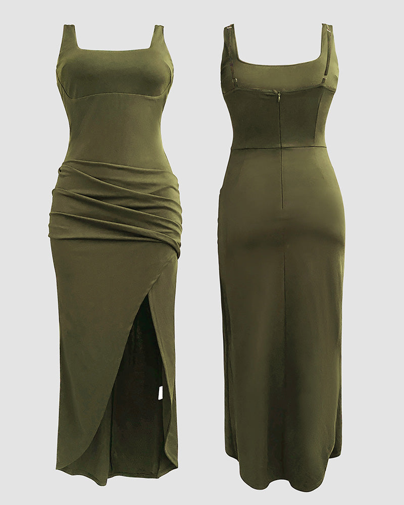Sexy Square Neck Thick Strap Backless Slit Dress - Image 27