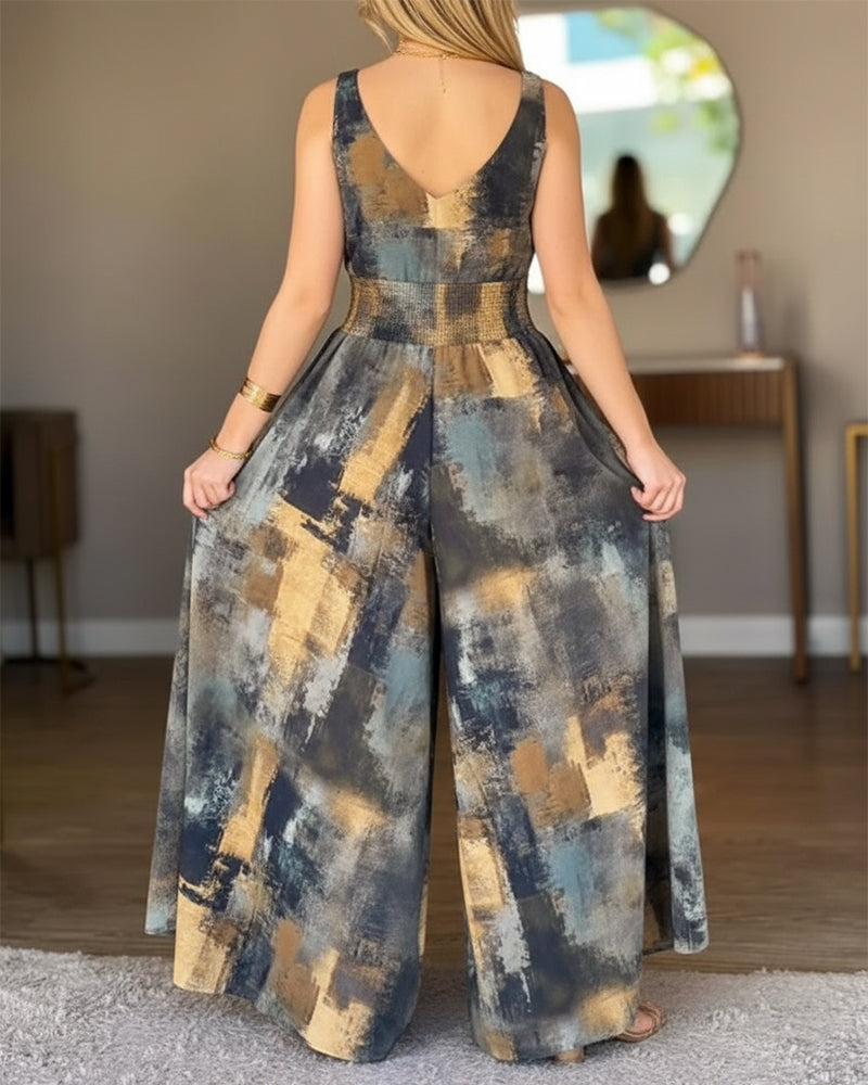 Abstract Oil Painting Print V-Neck Stretchy Thick Straps High Waist Backless Overalls Casual Shirred Waist Cinched Waist Wide Leg Jumpsuit - Image 2