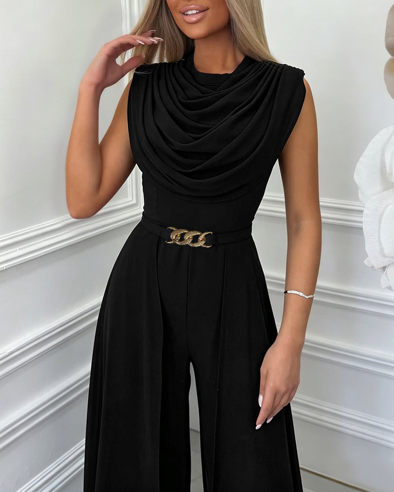 Women's Cowl Neck Wide Leg Jumpsuit High Waist Sleeveless Chiffon Overlay Spliced Evening Overalls with Belt - Image 3