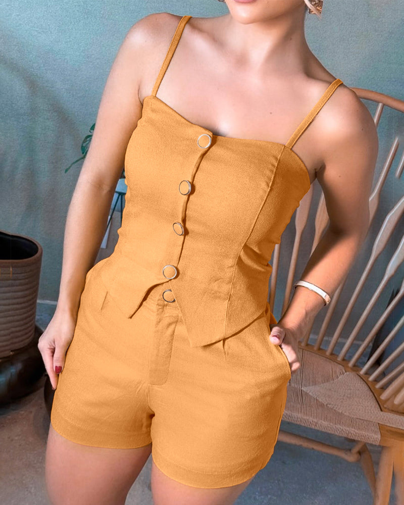 2 Pieces Outfit Adjustable Spaghetti Straps Button Front Shirred Back Crop Cami Top and Casual Zipper Fly Elastic Back Waist Shorts Set - Image 6