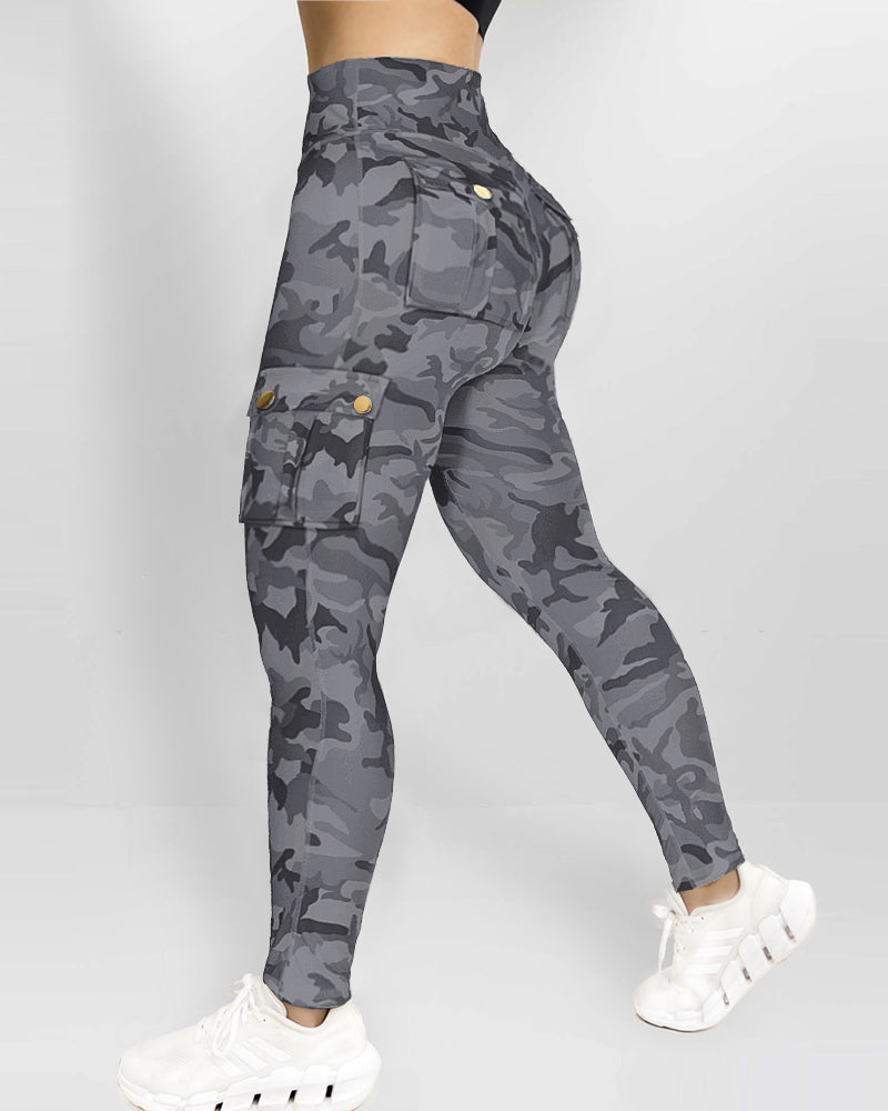 Camouflage Print High Waist Skinny Leggings with Cargo Flap Pockets Casual Pants - Image 14