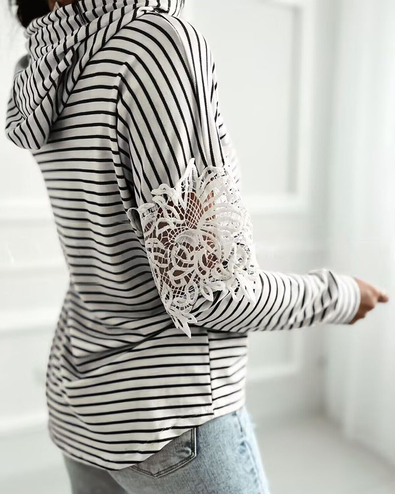 Striped Contrast Floral Lace Patchwork Long Sleeve Pullover Casual Lace Drawstring Hoodie Sweatshirt - Image 2