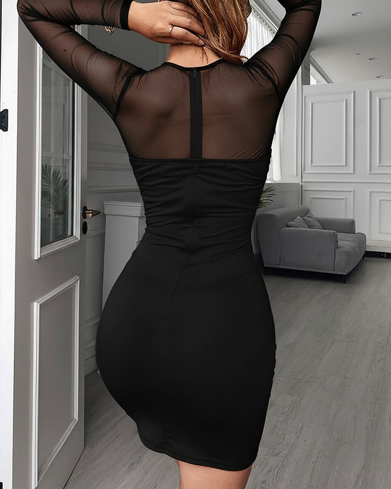 Rhinestone Decor Sweetheart Neck Sheer Mesh Spliced Mini Dress Mesh Long Sleeve Zipper Back Bodycon Dress - Image 4