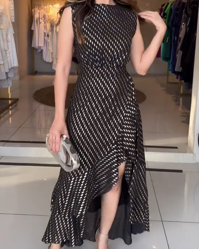 Silver Foil Pattern Sleeveless Cinched Waist Party Dress Elegant Asymmetrical Ruffles Slit Evening Dress - Image 5