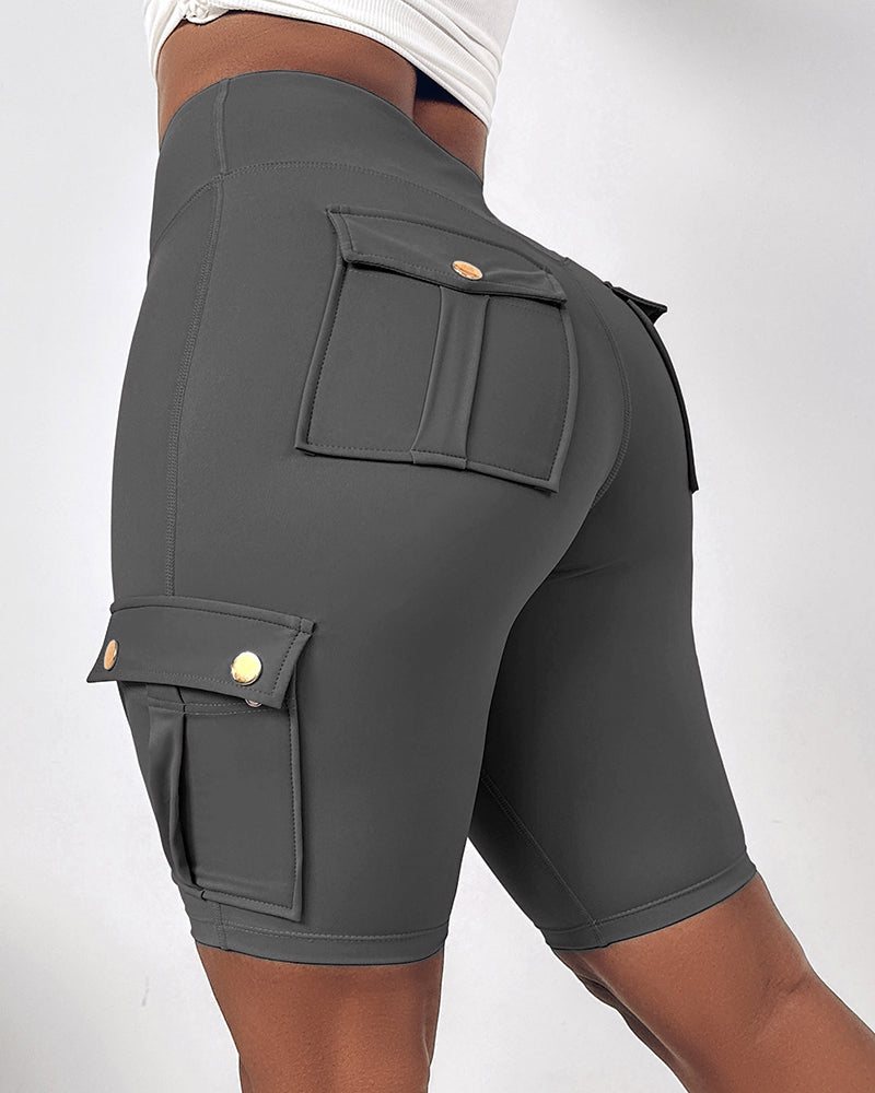 Tummy Control Butt Lifting Active Shorts High Waist Flap Pocket Workout Bermuda Cargo Running Shorts - Image 8