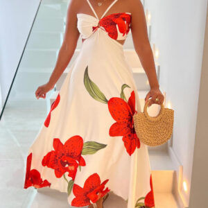 Floral Print Halter Sleeveless Hollow-out Front Cami Dress Casual Cutout Waist Maxi Dress