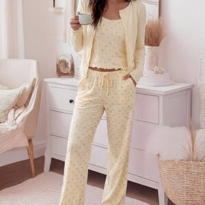 Women's 3 Piece Outfits Ditsy Floral Pajama Set Crop Cami Top and Button Down Cardigan and Straight Leg Pants Lounge Set