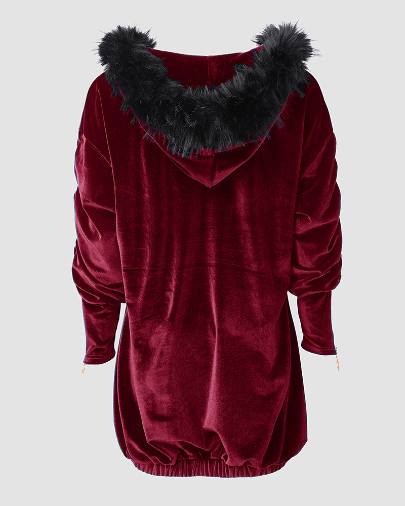 Velvet Fuzzy Trim Hooded Mini Dress Long Sleeve Zipper Design Sweatshirt Pullover Casual Dress - Image 11
