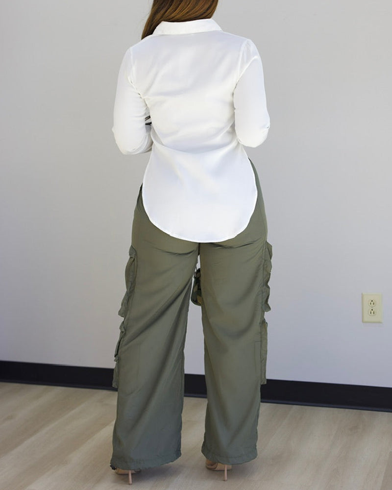 Turn-down Collar Roll Up Sleeve Button Front Shirt Casual Side Slit Curved Hem Top - Image 2