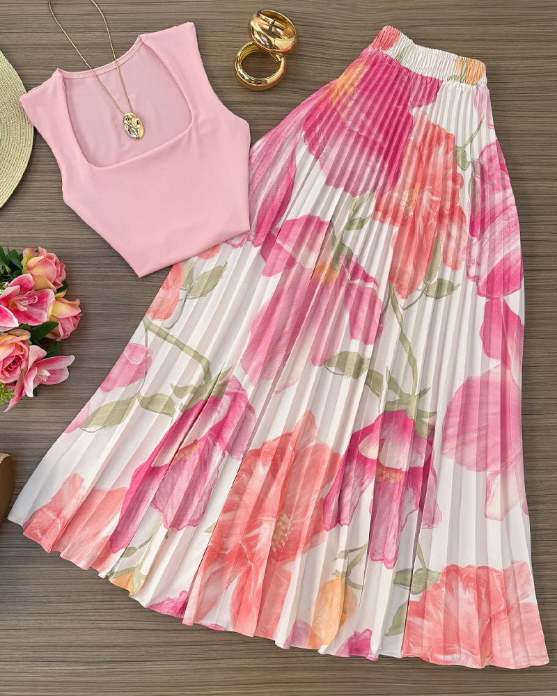 2 Pieces Outfit Square Neck Sleeveless Slim Fit Top and Watercolor Floral Print High Waist Elastic Waist Pleated Maxi Skirt Set - Image 6