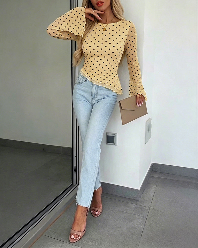Women's Polka Dot Mesh Top Flare Long Sleeve Boat Neck Lined Asymmetric Frill Hem Blouse Vintage Party Shirt - Image 11