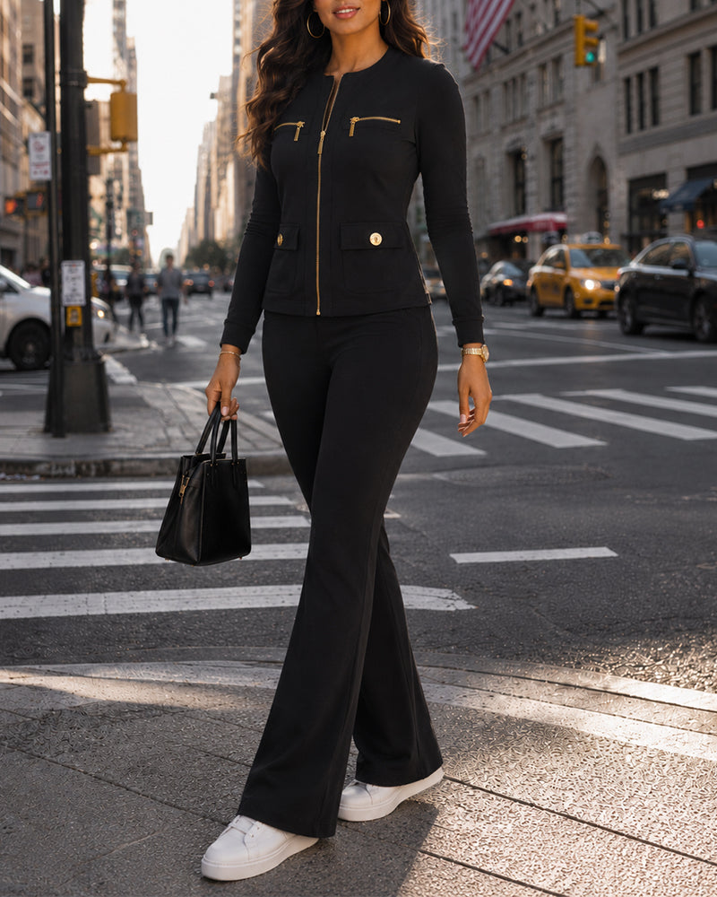 Women's 2 Piece Tracksuit Set Gold Zip Crewneck Jacket and High Waist Flare Pants Set - Image 6