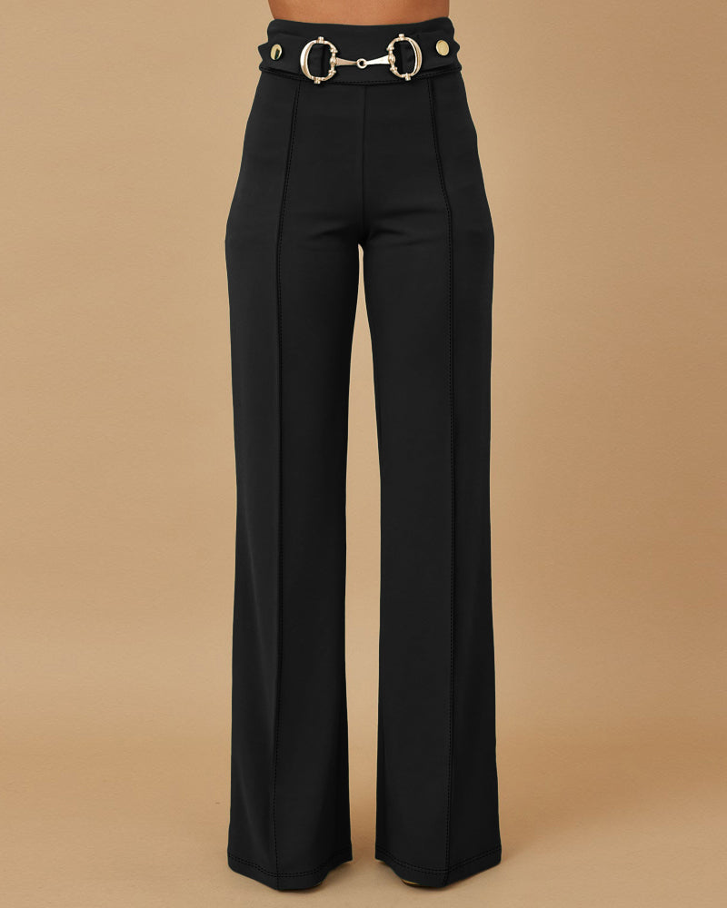 Metal Button Decor High Waist Casual Straight Leg Work Pants - Image 16
