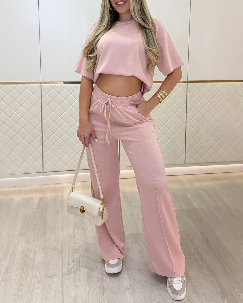 2 Pieces Outfit O-neck Short Sleeve Side Slit Top and Casual Drawstring Elastic Waist Seam Front Wide Leg Pants Set - Image 8