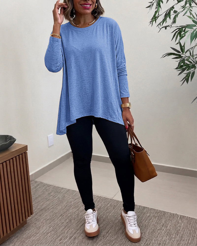Women's Asymmetric Hem Long Sleeve Top Loose Fit Dropped Shoulder Crewneck Soft Slouchy Casual Tee - Image 24
