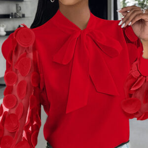 Floral Pattern Long Sleeve Blouse Solid Tie Neck Mesh Patch Shirt Office Work Tops