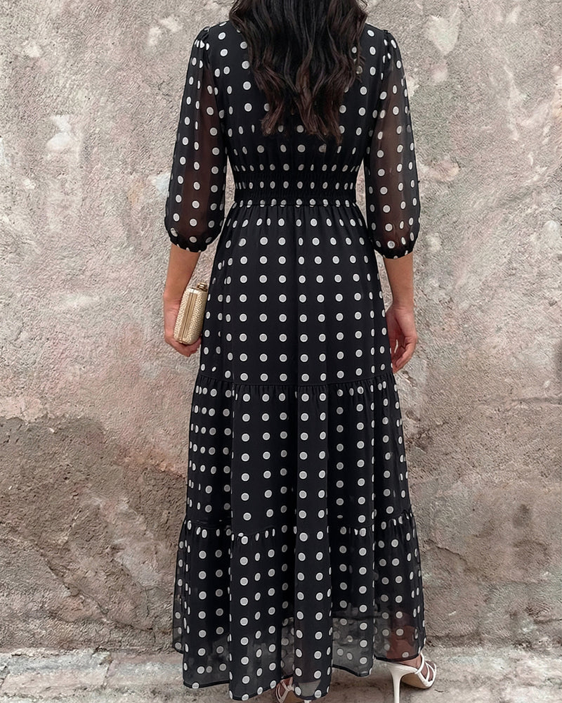 Women's Polka Dot Maxi Dress V Neck Lantern Sleeve Ruffle Hem Dress High Waist Button Up Chiffon Long Party Dress - Image 2