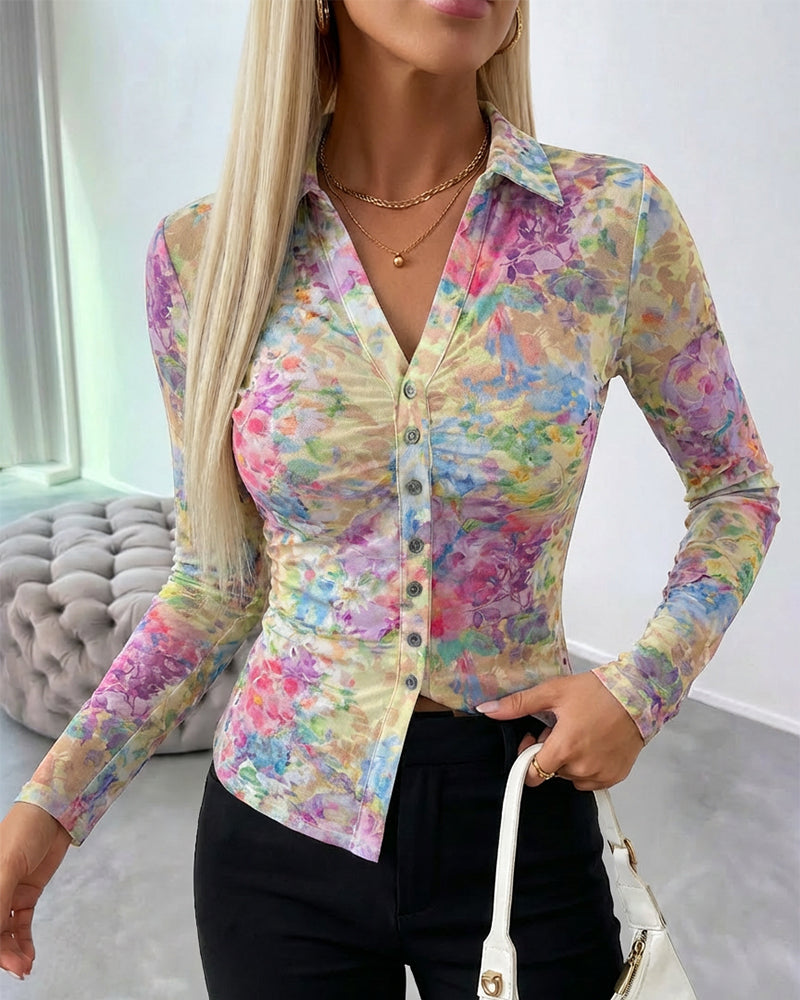 Watercolor Floral Print Turn-down Collar V-Neck Button Front Shirt Slim Fit Long Sleeve Ruched Sheer Mesh Top - Image 6