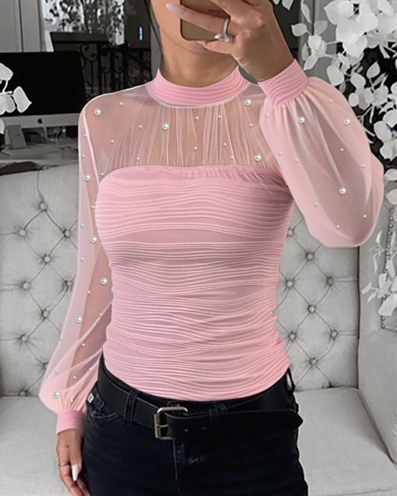 Pearls Decor Mock Neck Sheer Mesh Spliced Ruched Tee Hollow-out Back Slim Fit Textured Top - Image 19