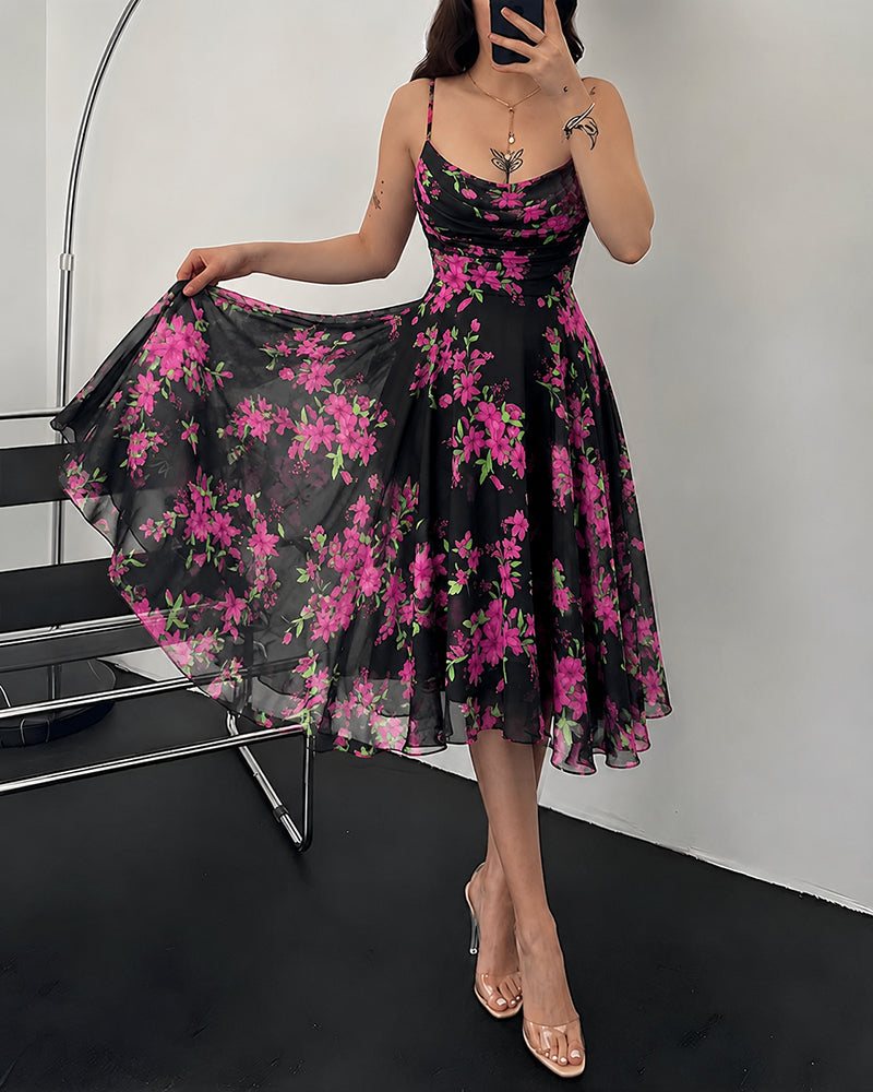Women's Floral Print Cowl Neck Cami Dress High Waisted Sheer Mesh Overlay A-Line Dress Elegant Backless Flowy Party Dress - Image 5