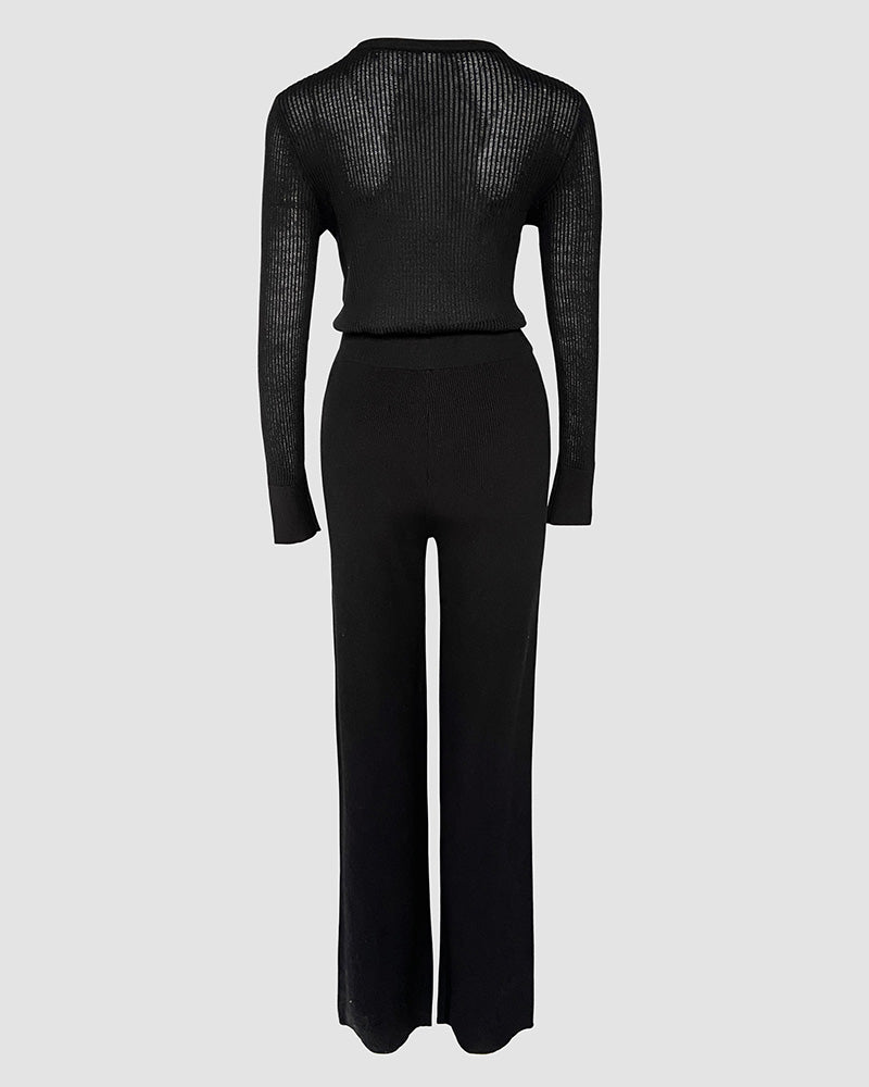 Round Neck Long Sleeve Vertical Pit Texture Top and Casual Wide Leg Pants Set - Image 6