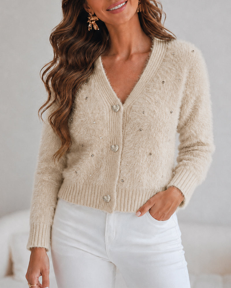 Women's Faux Mink Fur Knit Cardigan Elegant Pearl Rhinestone V Neck Sweater Crop Single Breasted Coat - Image 15