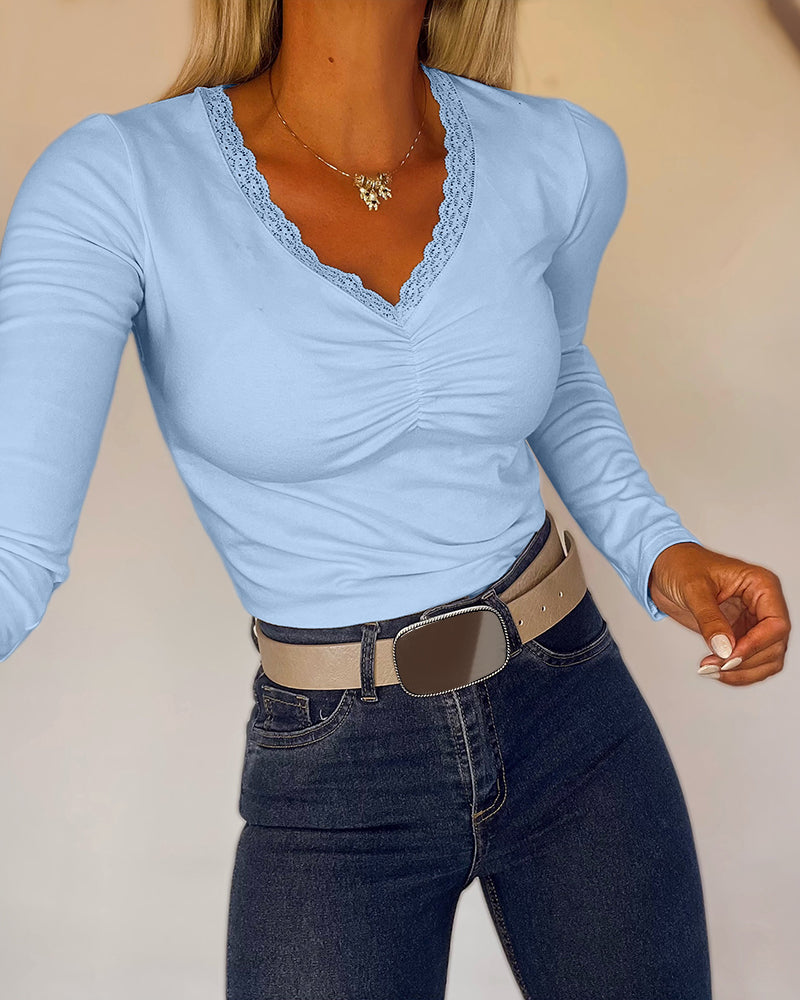 Women's Lace V Neck Ruched T Shirt Slim Fit Long Sleeve Tee Casual Elegant Top - Image 26